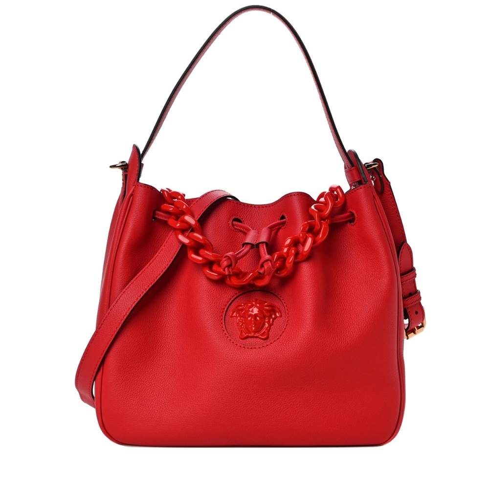 Versace La Medusa Bucket Bag Red Grained Calfskin Chain Shoulder Crossbody